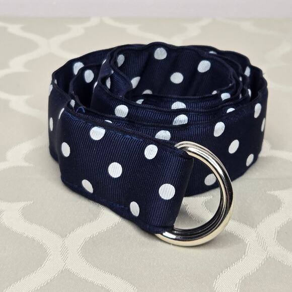 BARRONS HUNTER Navy and White Polka Dot Grosgrain Ribbon Belt with Silver Buckle - Picture 1 of 7
